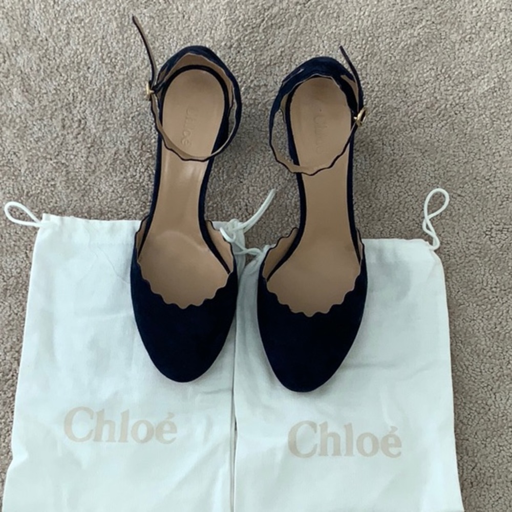 Chloe  Lauren Scalloped Edge d’Orsay navy blue suede heels - size 8.5
